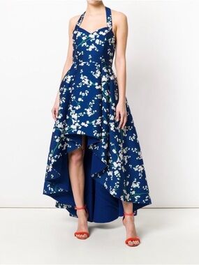 Alice + Olivia Blue Satin Halter Neck High Low Gown. Size 2